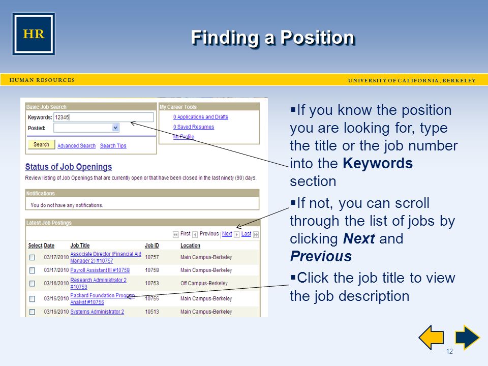 12 Finding a Position  If you know the position you are looking for, type the title or the job number into the Keywords section  If not, you can scroll through the list of jobs by clicking Next and Previous  Click the job title to view the job description