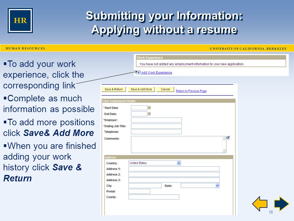 18 Submitting your Information: Applying without a resume  To add your work experience, click the corresponding link  Complete as much information as possible  To add more positions click Save& Add More  When you are finished adding your work history click Save & Return