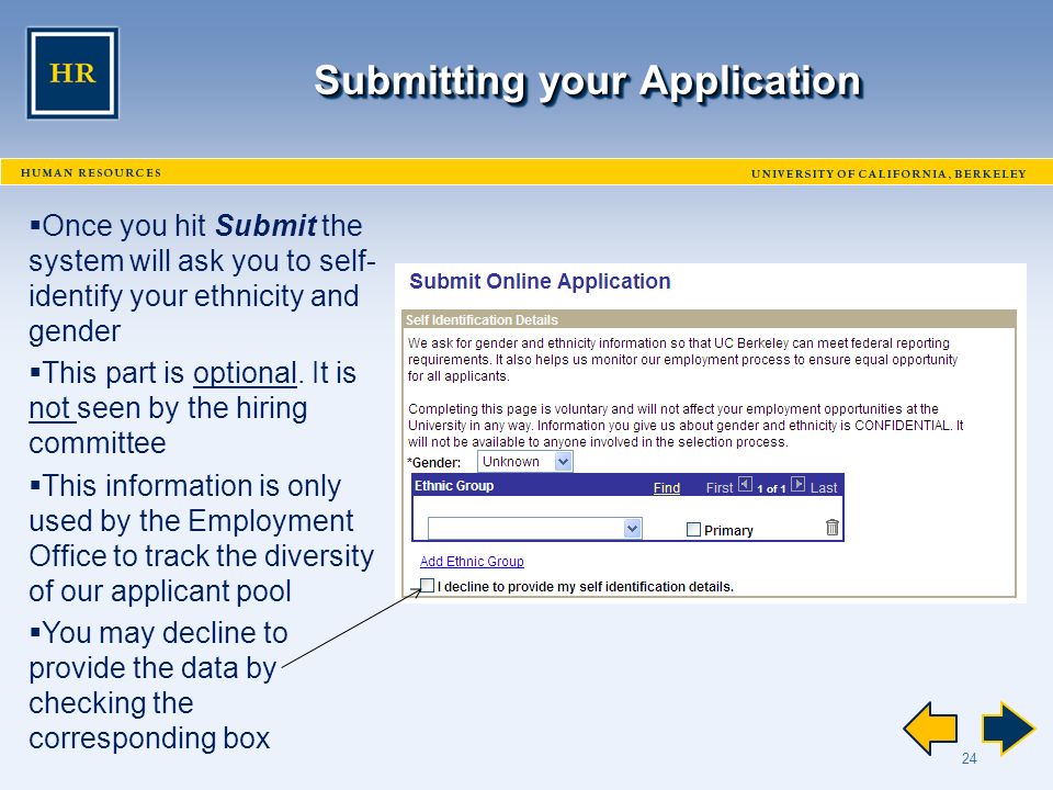 24 Submitting your Application  Once you hit Submit the system will ask you to self- identify your ethnicity and gender  This part is optional.
