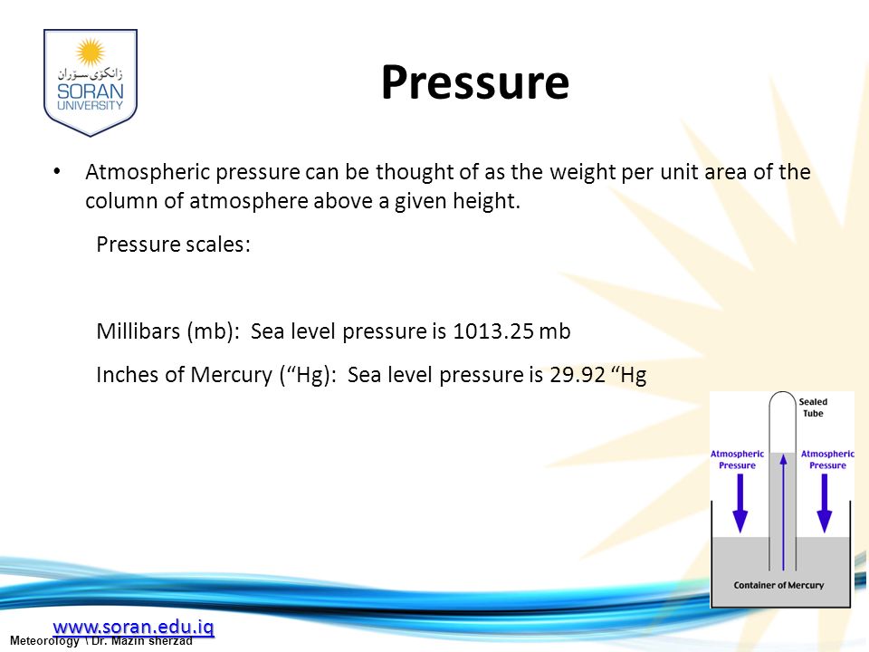 Pressure Atmospheric pressure can be thought of as the weight per unit area of the column of atmosphere above a given height.