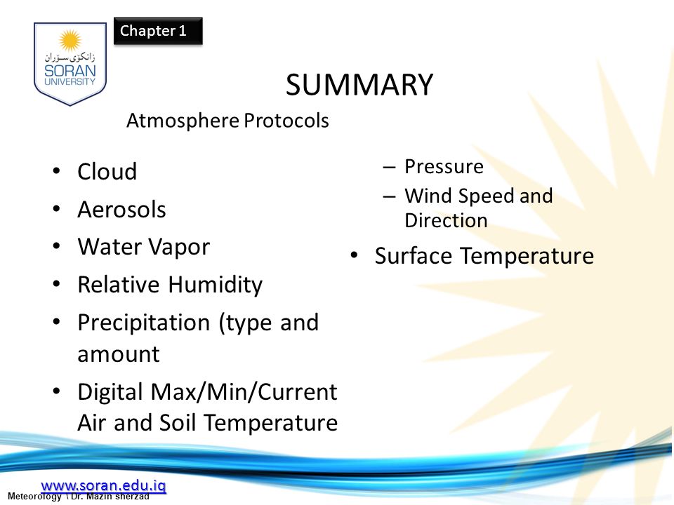 SUMMARY Atmosphere Protocols Cloud Aerosols Water Vapor Relative Humidity Precipitation (type and amount Digital Max/Min/Current Air and Soil Temperature – Pressure – Wind Speed and Direction Surface Temperature Meteorology \ Dr.
