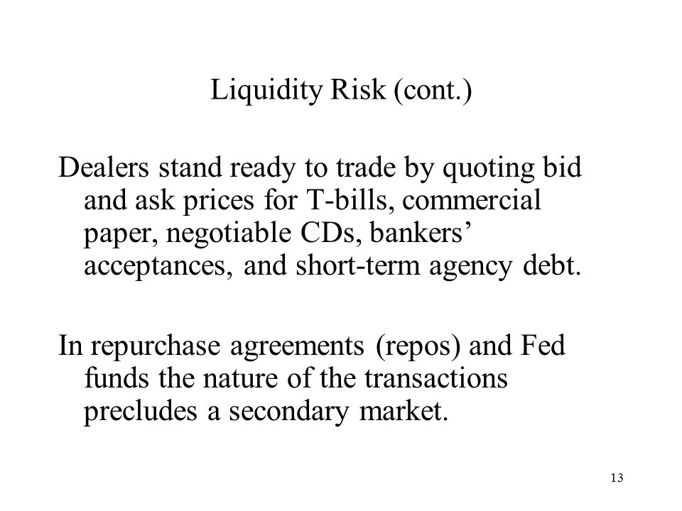 13 Liquidity Risk (cont.) Dealers stand ready to trade by quoting bid and ask prices for T-bills, commercial paper, negotiable CDs, bankers’ acceptances, and short-term agency debt.