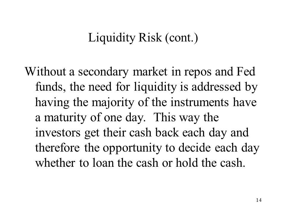 14 Liquidity Risk (cont.) Without a secondary market in repos and Fed funds, the need for liquidity is addressed by having the majority of the instruments have a maturity of one day.