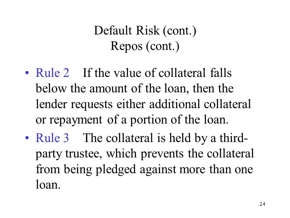 24 Default Risk (cont.) Repos (cont.) Rule 2If the value of collateral falls below the amount of the loan, then the lender requests either additional collateral or repayment of a portion of the loan.