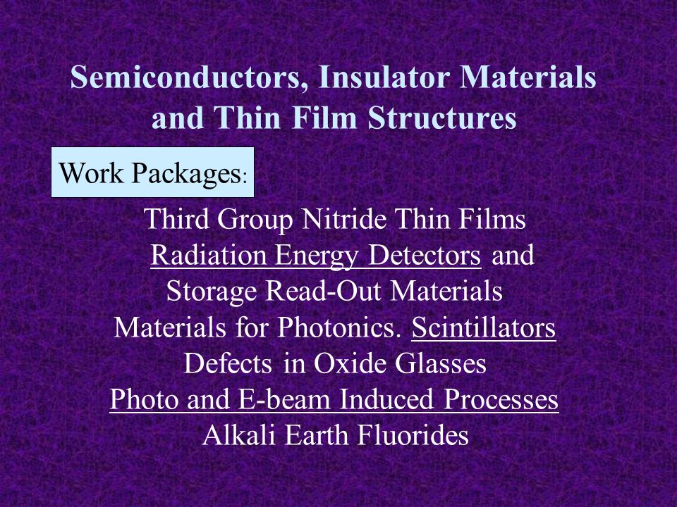 Semiconductors, Insulator Materials and Thin Film Structures Third Group Nitride Thin Films Radiation Energy Detectors and Storage Read-Out Materials Materials for Photonics.