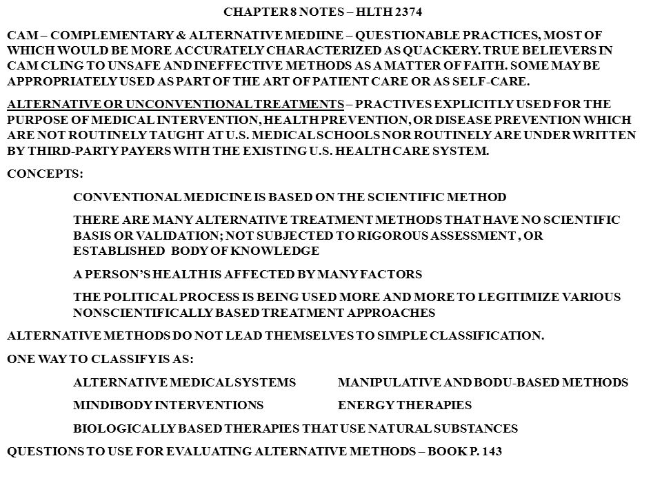 An Alternative Medicine Believers >> Chapter 8 Notes Hlth 2374 Cam Complementary Alternative An Alternative Medicine Believers >> Chapter 8 Notes Hlth 2374 Cam Complementary Alternative
