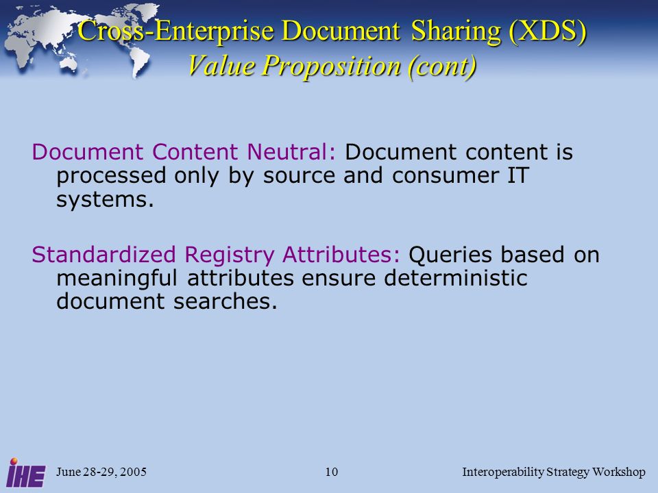 June 28-29, 2005Interoperability Strategy Workshop10 Cross-Enterprise Document Sharing (XDS) Value Proposition (cont) Document Content Neutral: Document content is processed only by source and consumer IT systems.