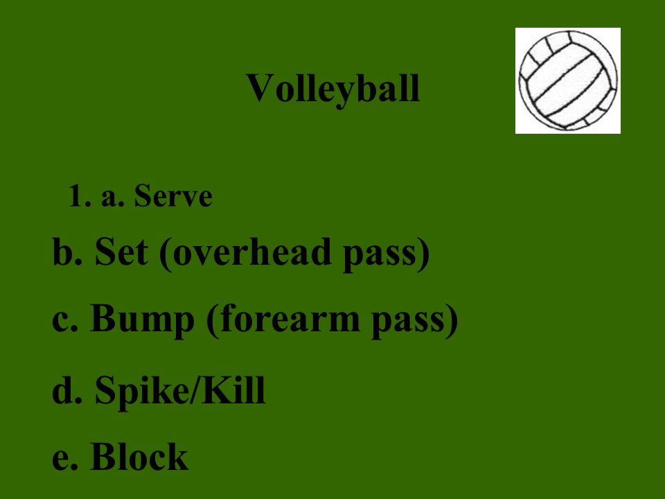 Volleyball 1. a. Serve b. Set (overhead pass) c. Bump (forearm pass) d. Spike/Kill e. Block
