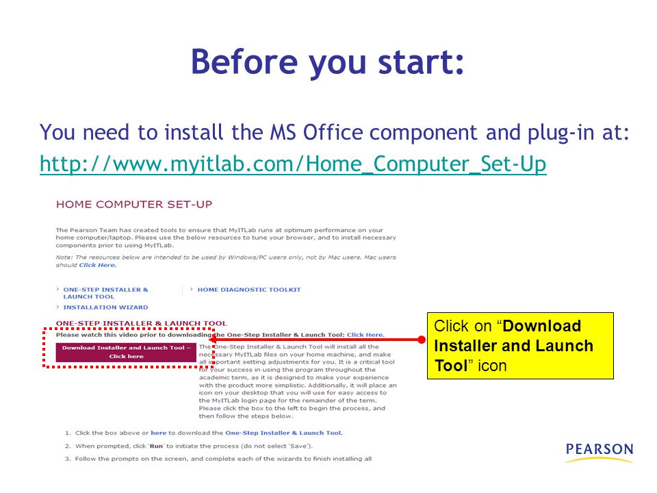 Before you start: You need to install the MS Office component and plug-in at:   Click on Download Installer and Launch Tool icon