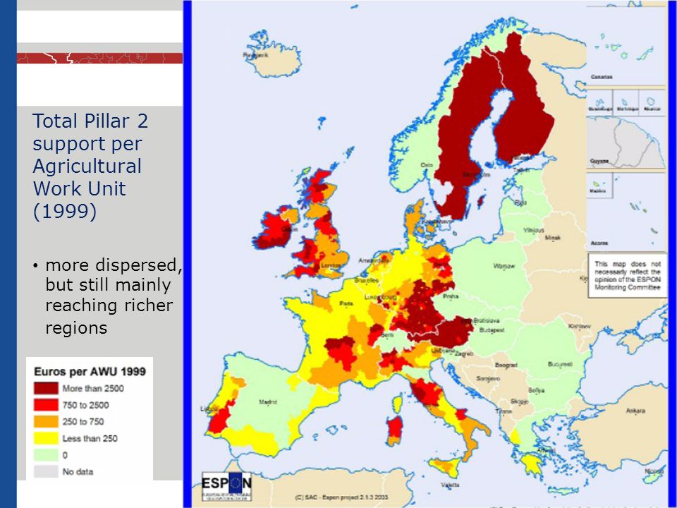 Total Pillar 2 support per Agricultural Work Unit (1999) more dispersed, but still mainly reaching richer regions