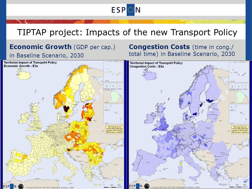 Economic Growth (GDP per cap.) in Baseline Scenario, 2030 Source: TRANSTOOL Model, 2008 Congestion Costs (time in cong./ total time) in Baseline Scenario, 2030 TIPTAP project: Impacts of the new Transport Policy