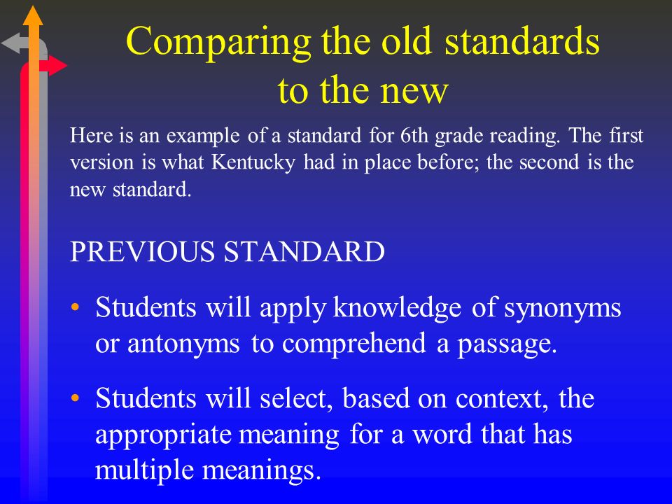 Comparing the old standards to the new Here is an example of a standard for 6th grade reading.