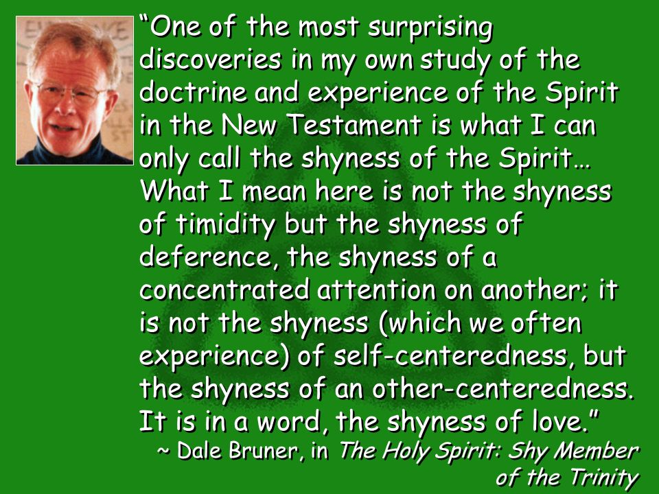 One of the most surprising discoveries in my own study of the doctrine and experience of the Spirit in the New Testament is what I can only call the shyness of the Spirit… What I mean here is not the shyness of timidity but the shyness of deference, the shyness of a concentrated attention on another; it is not the shyness (which we often experience) of self-centeredness, but the shyness of an other-centeredness.