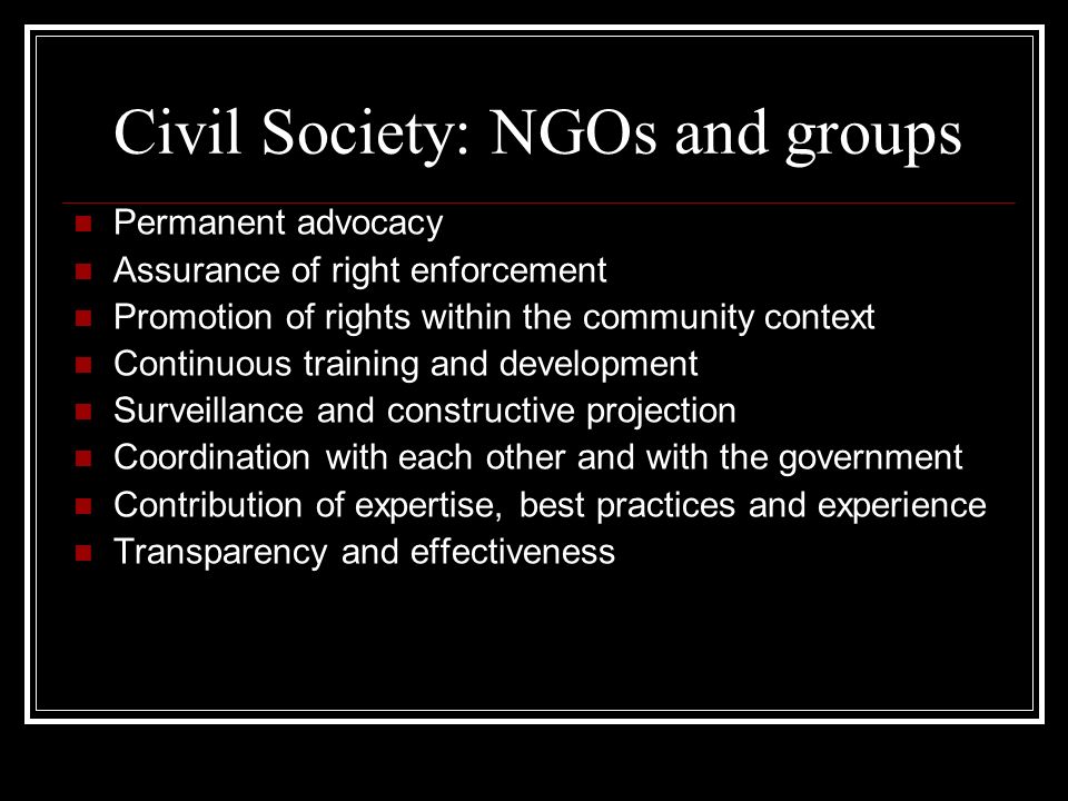 Civil Society: NGOs and groups Permanent advocacy Assurance of right enforcement Promotion of rights within the community context Continuous training and development Surveillance and constructive projection Coordination with each other and with the government Contribution of expertise, best practices and experience Transparency and effectiveness