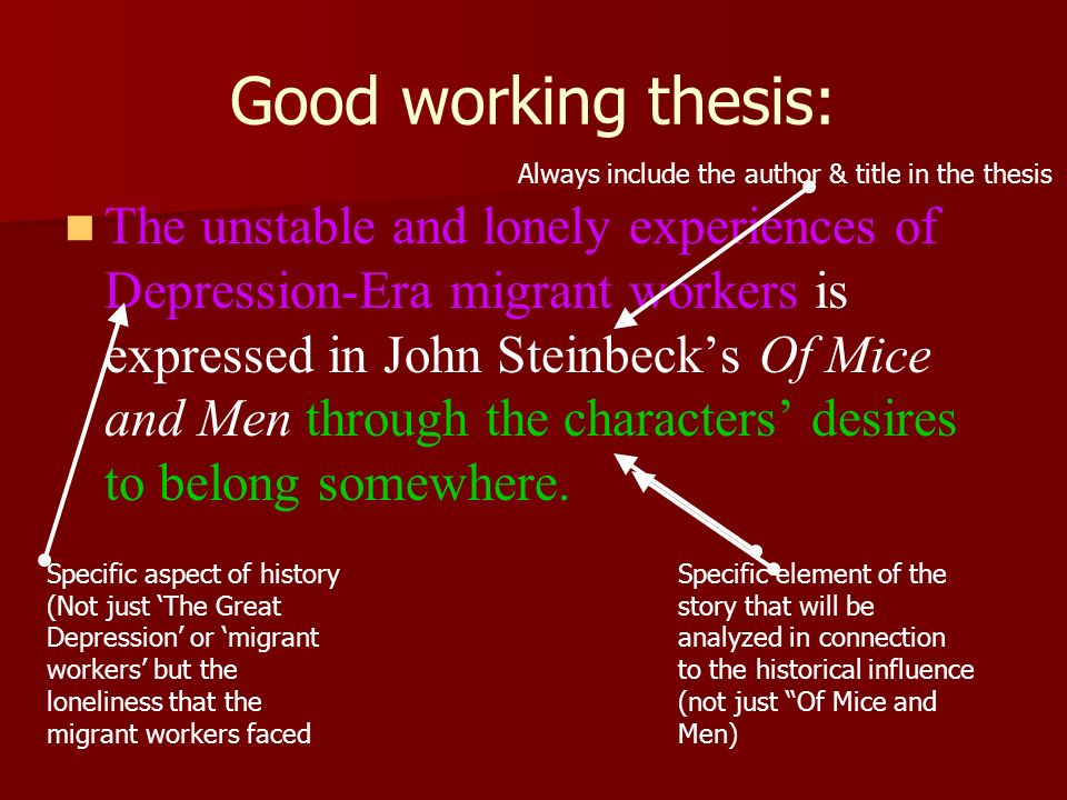 Good working thesis: The unstable and lonely experiences of Depression-Era migrant workers is expressed in John Steinbeck’s Of Mice and Men through the characters’ desires to belong somewhere.