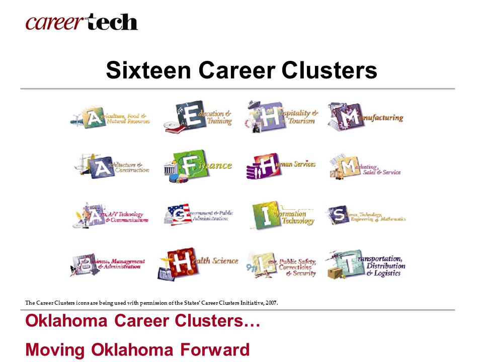 Oklahoma Career Clusters… Moving Oklahoma Forward Sixteen Career Clusters The Career Clusters icons are being used with permission of the States’ Career Clusters Initiative, 2007.