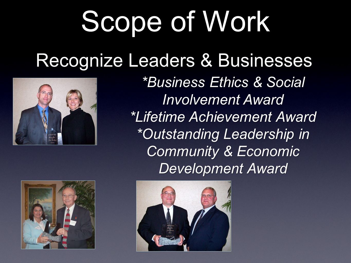 Recognize Leaders & Businesses Scope of Work *Business Ethics & Social Involvement Award *Lifetime Achievement Award *Outstanding Leadership in Community & Economic Development Award