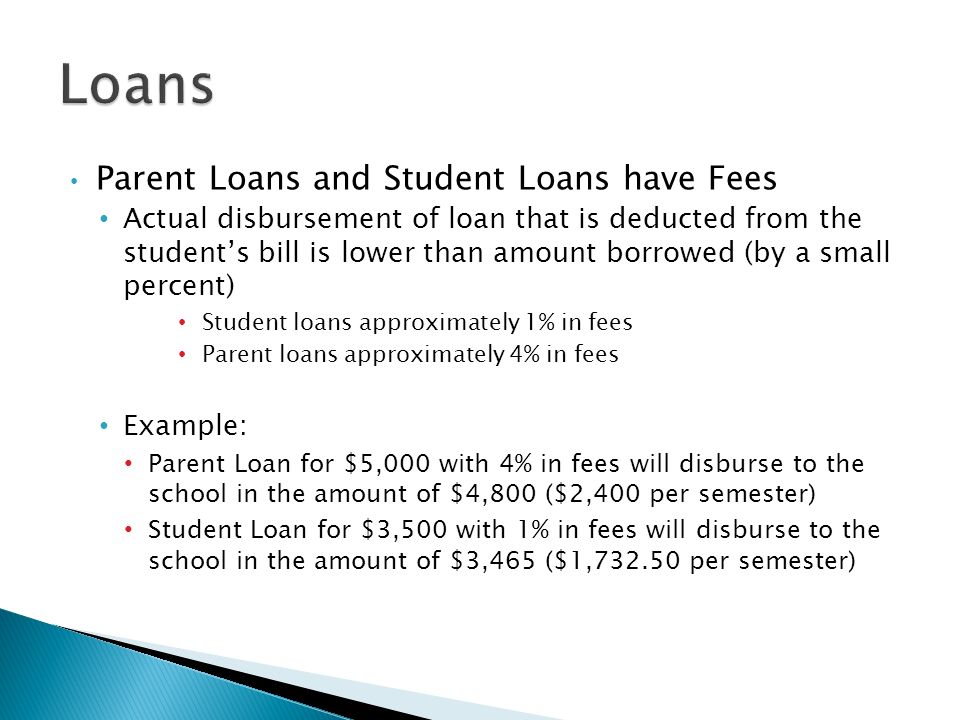Parent Loans and Student Loans have Fees Actual disbursement of loan that is deducted from the student’s bill is lower than amount borrowed (by a small percent) Student loans approximately 1% in fees Parent loans approximately 4% in fees Example: Parent Loan for $5,000 with 4% in fees will disburse to the school in the amount of $4,800 ($2,400 per semester) Student Loan for $3,500 with 1% in fees will disburse to the school in the amount of $3,465 ($1, per semester)