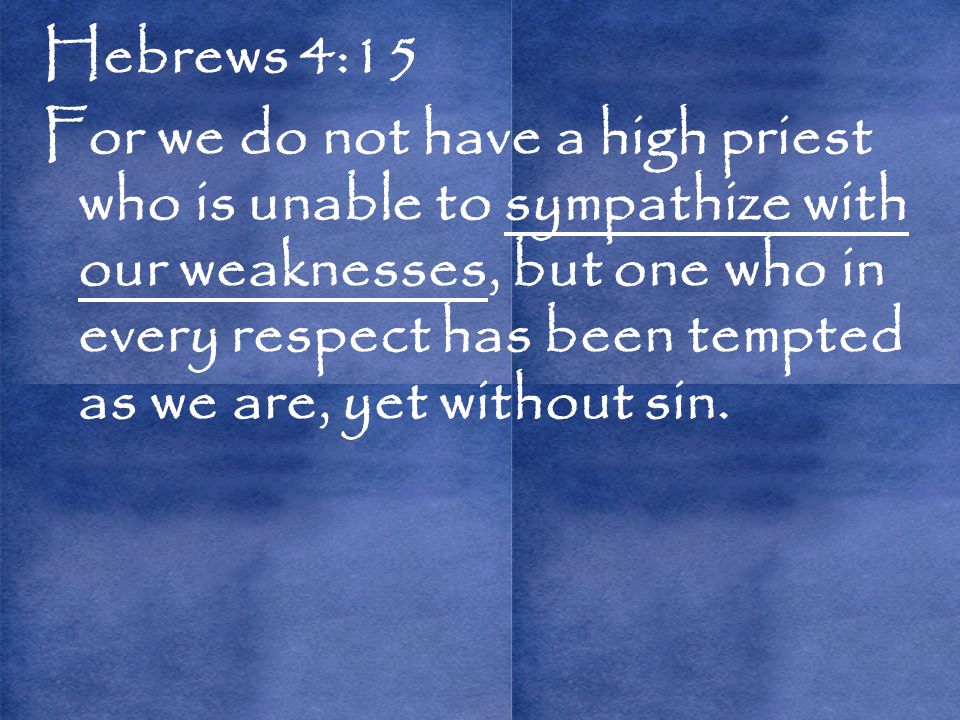 Hebrews 4:15 For we do not have a high priest who is unable to sympathize with our weaknesses, but one who in every respect has been tempted as we are, yet without sin.