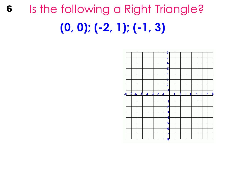 Is the following a Right Triangle (0, 0); (-2, 1); (-1, 3) 6