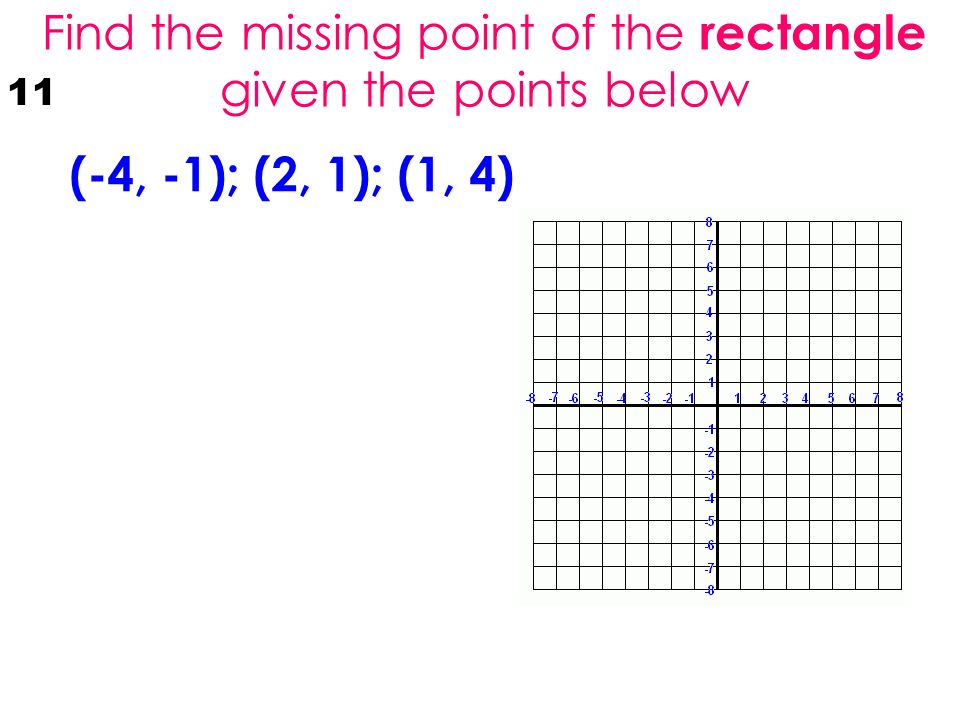 Find the missing point of the rectangle given the points below (-4, -1); (2, 1); (1, 4) 11