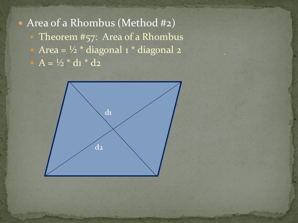 Area of a Rhombus (Method #2) Theorem #57: Area of a Rhombus Area = ½ * diagonal 1 * diagonal 2 A = ½ * d1 * d2 d1 d2