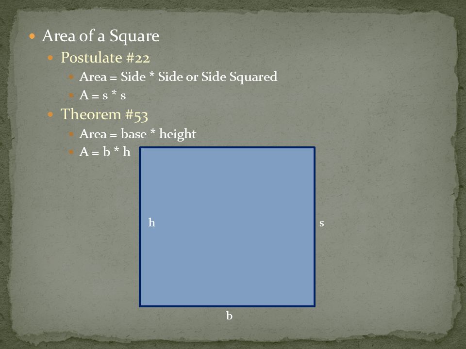 Area of a Square Postulate #22 Area = Side * Side or Side Squared A = s * s Theorem #53 Area = base * height A = b * h sh b