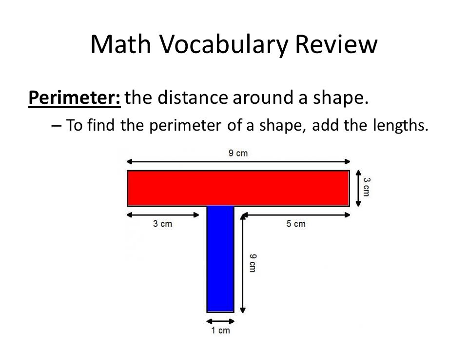 Math Vocabulary Review Perimeter: the distance around a shape.