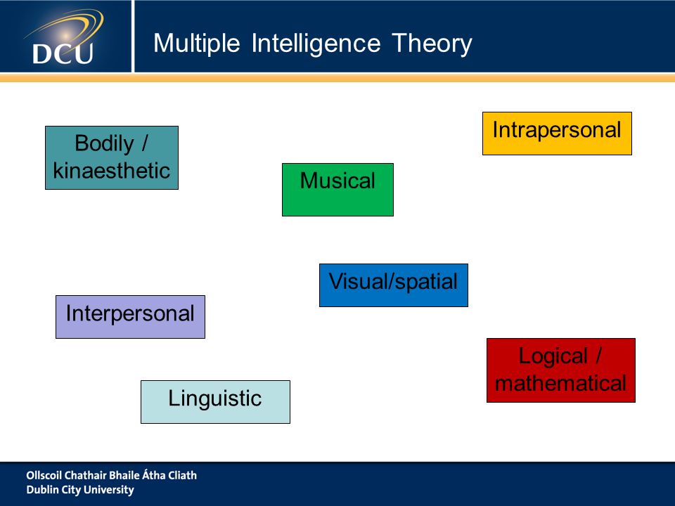 Linguistic Logical / mathematical Intrapersonal Interpersonal Musical Bodily / kinaesthetic Visual/spatial Multiple Intelligence Theory