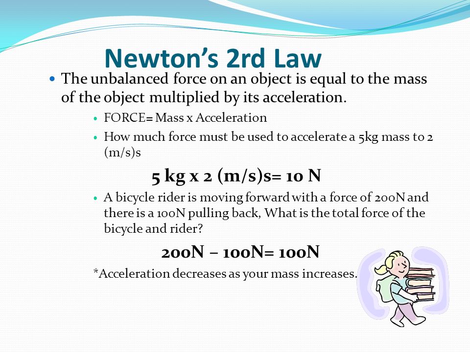 Newton’s 2rd Law The unbalanced force on an object is equal to the mass of the object multiplied by its acceleration.