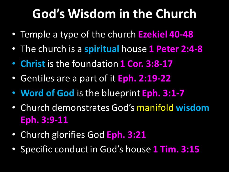 God’s Wisdom in the Church Temple a type of the church Ezekiel The church is a spiritual house 1 Peter 2:4-8 Christ is the foundation 1 Cor.