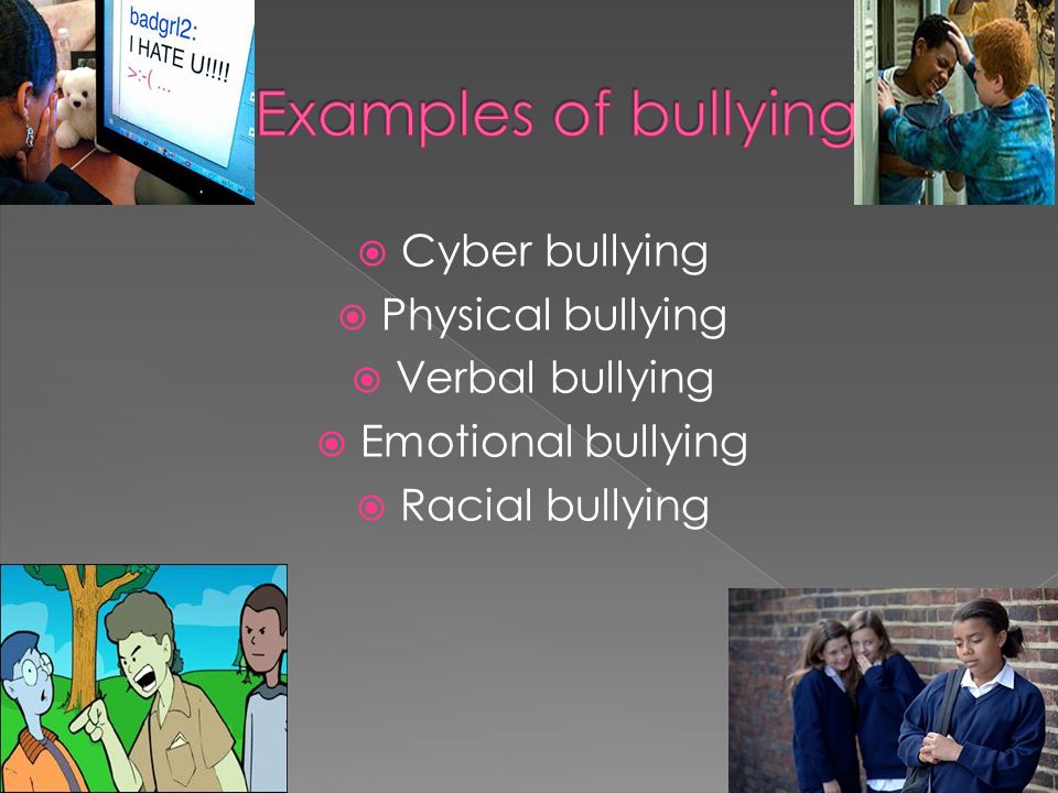  Cyber bullying  Physical bullying  Verbal bullying  Emotional bullying  Racial bullying