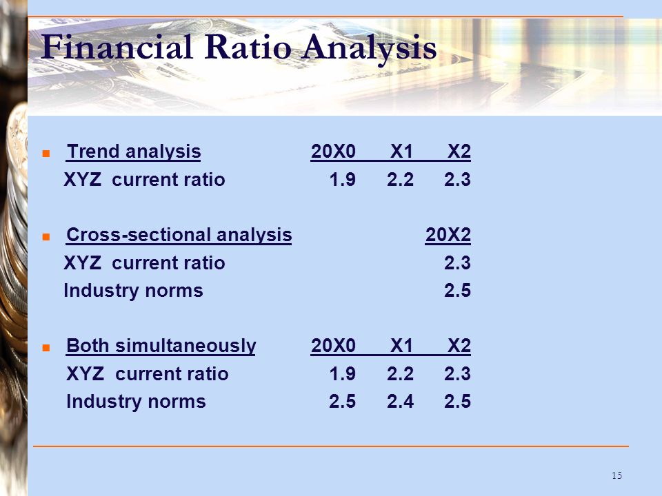 15 Financial Ratio Analysis Trend analysis20X0X1X2 XYZ current ratio Cross-sectional analysis20X2 XYZ current ratio 2.3 Industry norms 2.5 Both simultaneously20X0X1X2 XYZ current ratio Industry norms