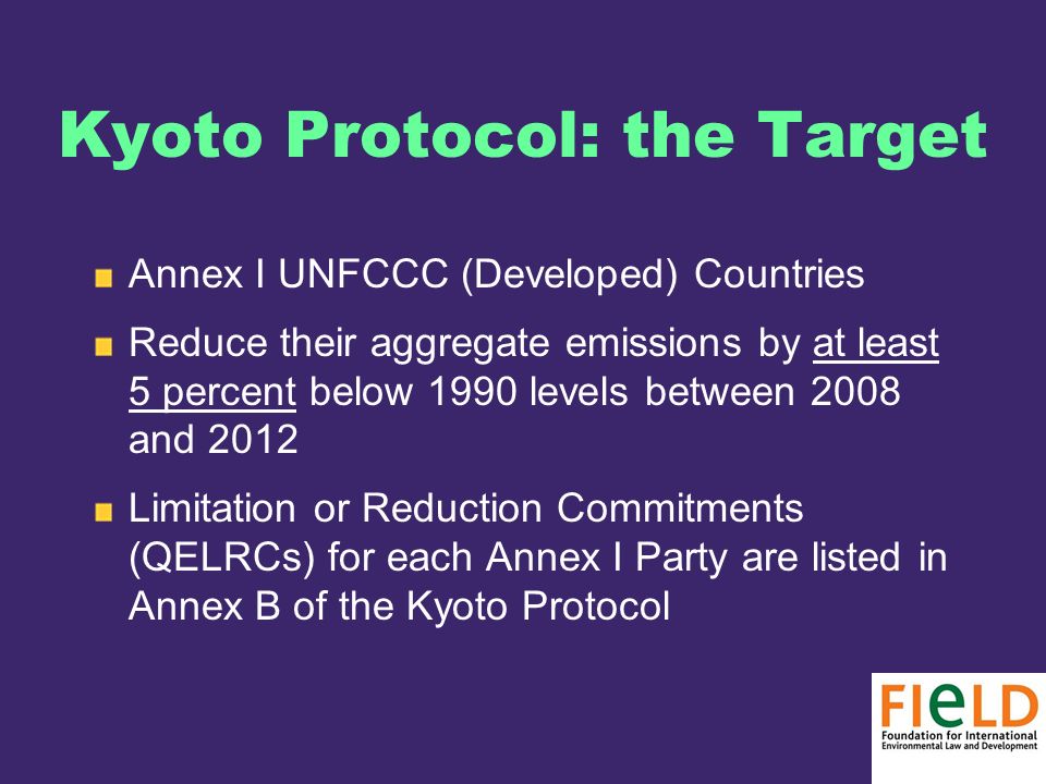 Kyoto Protocol: the Target Annex I UNFCCC (Developed) Countries Reduce their aggregate emissions by at least 5 percent below 1990 levels between 2008 and 2012 Limitation or Reduction Commitments (QELRCs) for each Annex I Party are listed in Annex B of the Kyoto Protocol