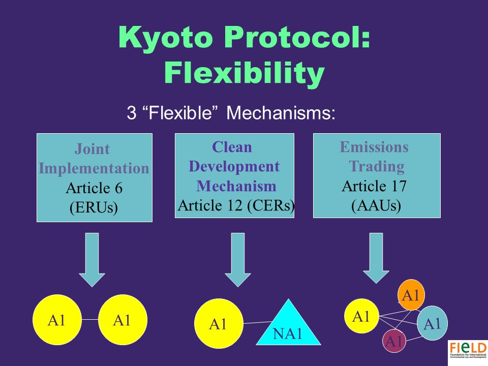 Kyoto Protocol: Flexibility 3 Flexible Mechanisms: Joint Implementation Article 6 (ERUs) Clean Development Mechanism Article 12 (CERs) Emissions Trading Article 17 (AAUs) A1 NA1 A1