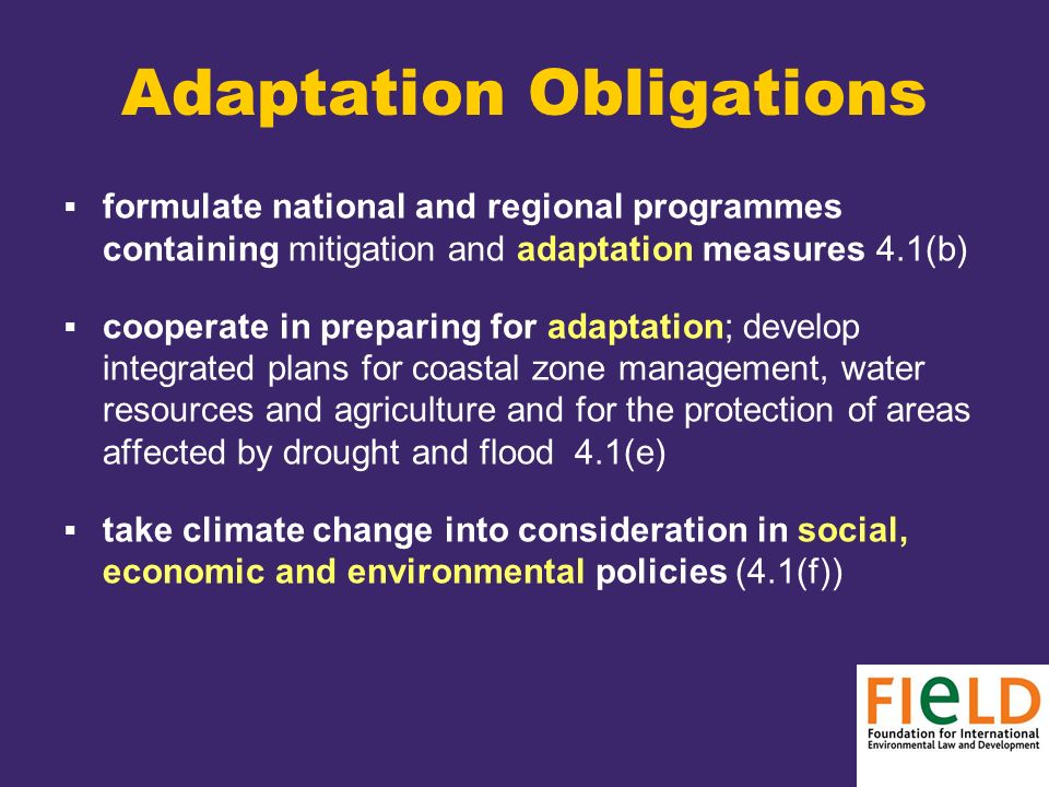 Adaptation Obligations  formulate national and regional programmes containing mitigation and adaptation measures 4.1(b)  cooperate in preparing for adaptation; develop integrated plans for coastal zone management, water resources and agriculture and for the protection of areas affected by drought and flood 4.1(e)  take climate change into consideration in social, economic and environmental policies (4.1(f))
