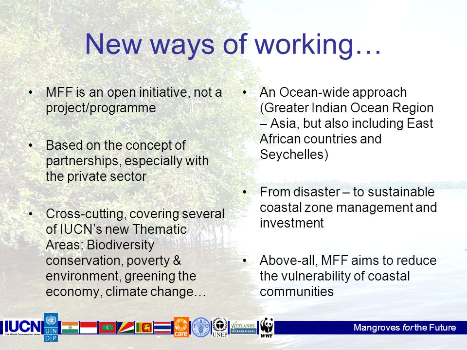 New ways of working… MFF is an open initiative, not a project/programme Based on the concept of partnerships, especially with the private sector Cross-cutting, covering several of IUCN’s new Thematic Areas: Biodiversity conservation, poverty & environment, greening the economy, climate change… An Ocean-wide approach (Greater Indian Ocean Region – Asia, but also including East African countries and Seychelles) From disaster – to sustainable coastal zone management and investment Above-all, MFF aims to reduce the vulnerability of coastal communities