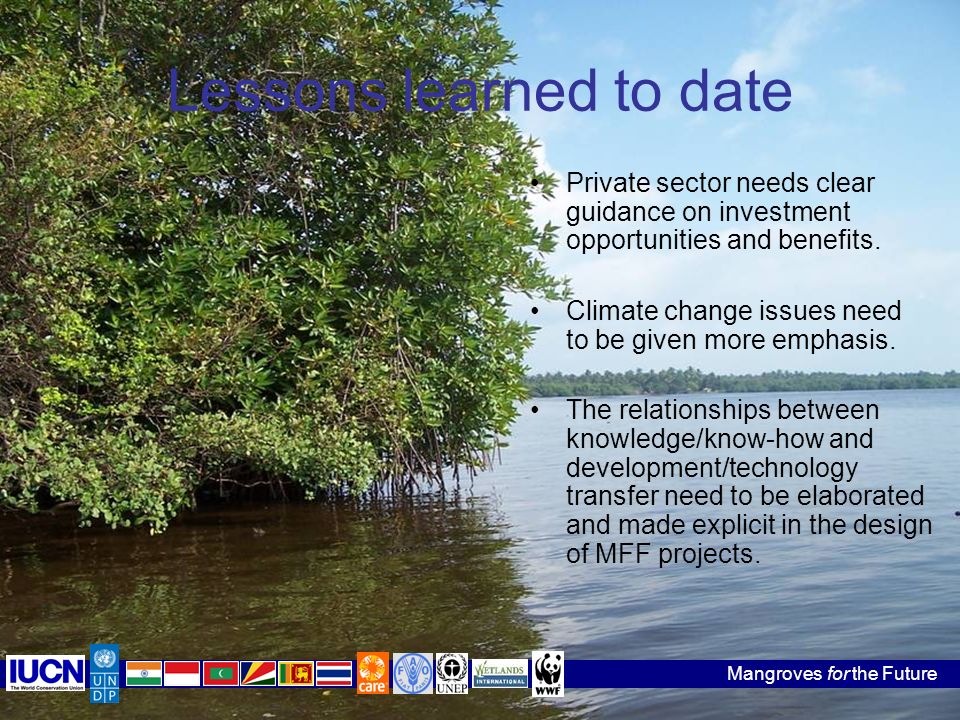 Mangroves for the Future Lessons learned to date Private sector needs clear guidance on investment opportunities and benefits.