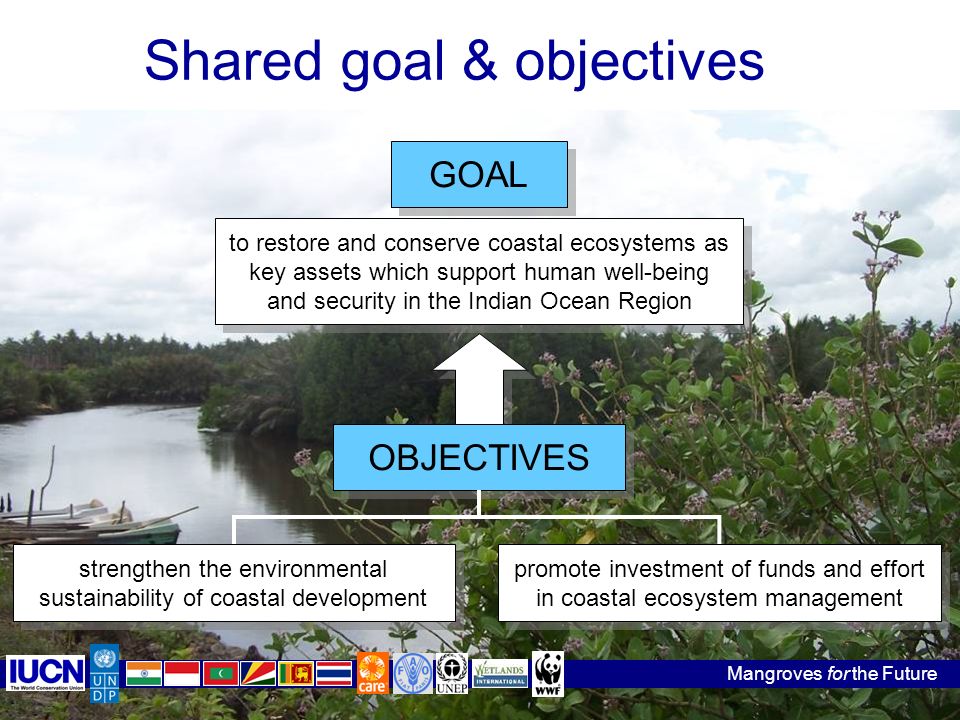 to restore and conserve coastal ecosystems as key assets which support human well-being and security in the Indian Ocean Region GOAL strengthen the environmental sustainability of coastal development promote investment of funds and effort in coastal ecosystem management OBJECTIVES Shared goal & objectives Mangroves for the Future