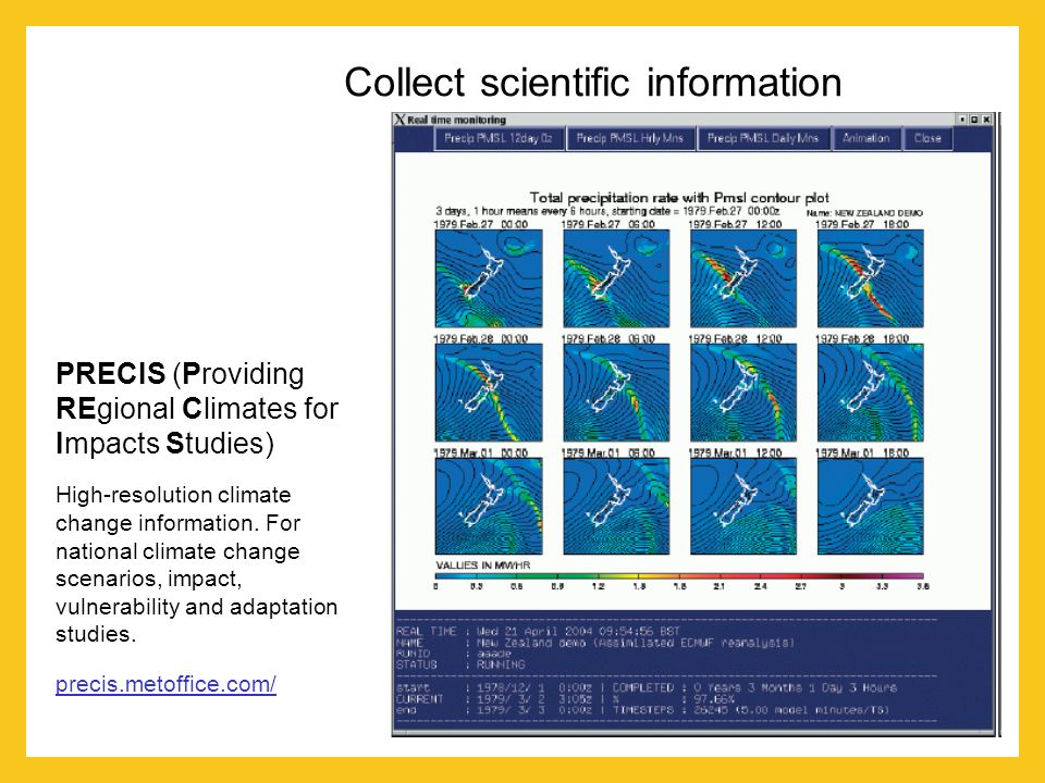 Collect scientific information PRECIS (Providing REgional Climates for Impacts Studies) High-resolution climate change information.
