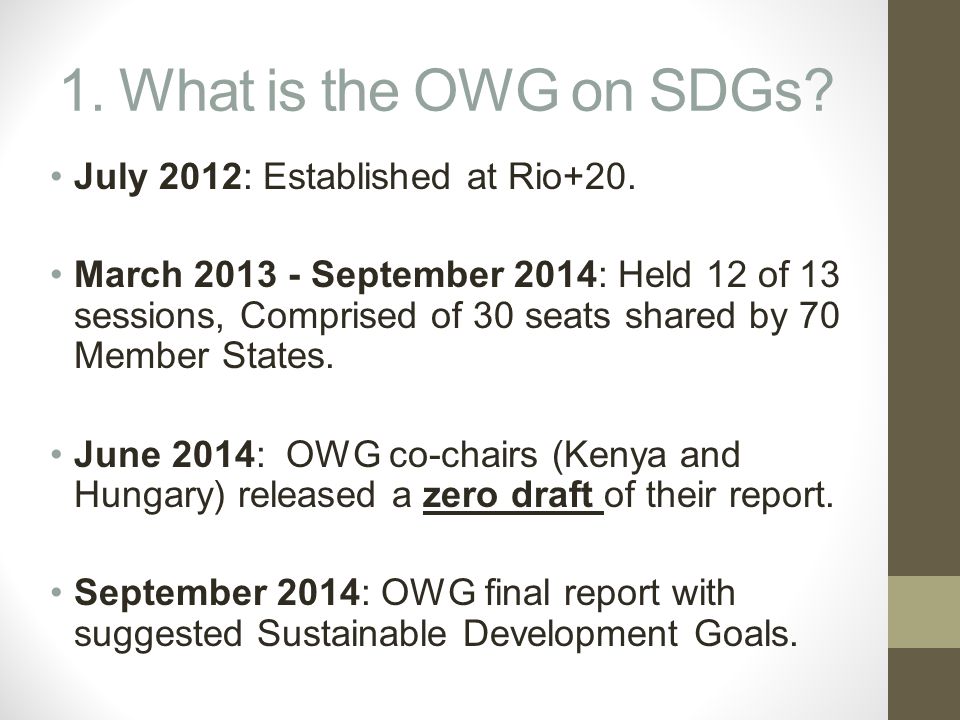 1. What is the OWG on SDGs. July 2012: Established at Rio+20.