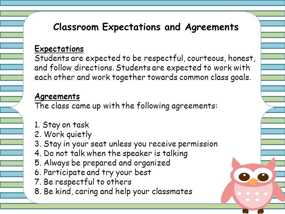 Classroom Expectations and Agreements Expectations Students are expected to be respectful, courteous, honest, and follow directions.