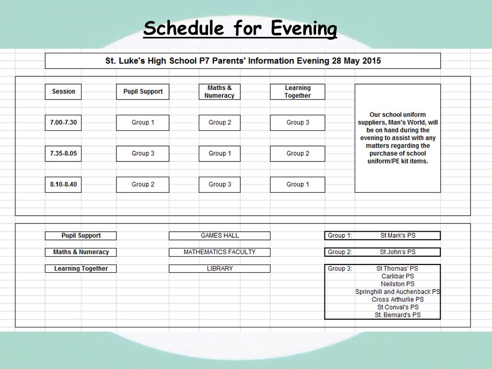 Schedule for Evening