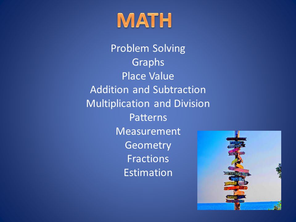 Problem Solving Graphs Place Value Addition and Subtraction Multiplication and Division Patterns Measurement Geometry Fractions Estimation