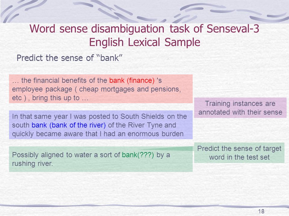 Word sense disambiguation task of Senseval-3 English Lexical Sample Predict the sense of bank 18 … the financial benefits of the bank (finance) s employee package ( cheap mortgages and pensions, etc ), bring this up to … In that same year I was posted to South Shields on the south bank (bank of the river) of the River Tyne and quickly became aware that I had an enormous burden Possibly aligned to water a sort of bank( ) by a rushing river.