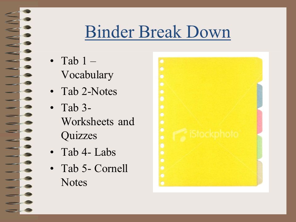 Binder Break Down Tab 1 – Vocabulary Tab 2-Notes Tab 3- Worksheets and Quizzes Tab 4- Labs Tab 5- Cornell Notes