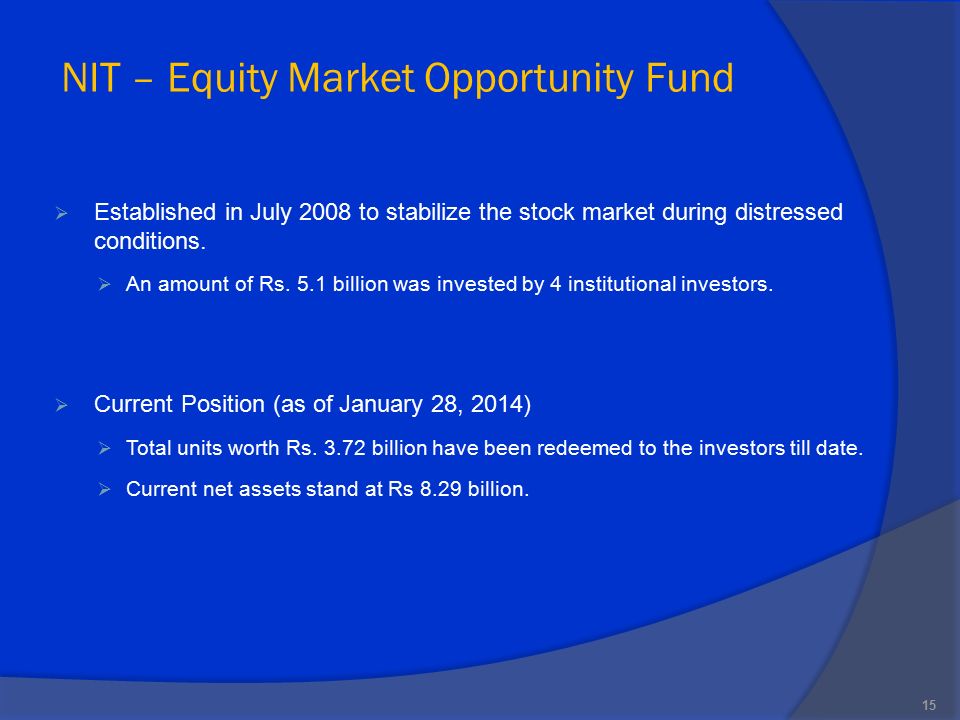 NIT – Equity Market Opportunity Fund  Established in July 2008 to stabilize the stock market during distressed conditions.