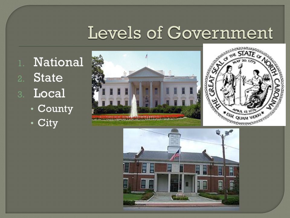 1. National 2. State 3. Local County City