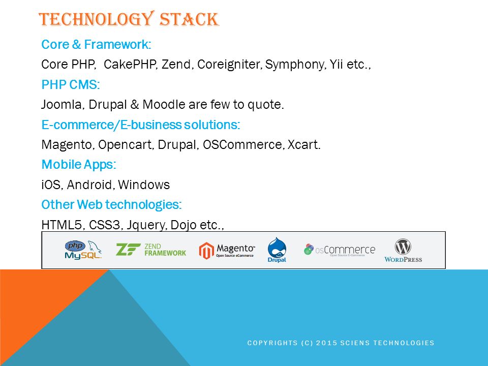 Core & Framework: Core PHP, CakePHP, Zend, Coreigniter, Symphony, Yii etc., PHP CMS: Joomla, Drupal & Moodle are few to quote.