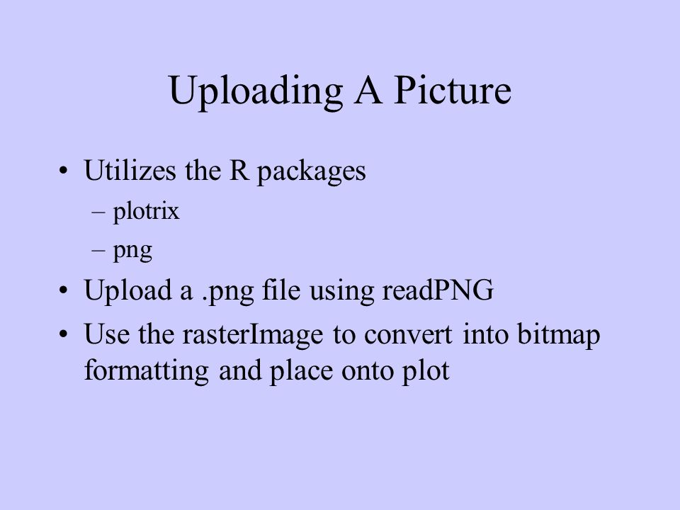 Uploading A Picture Utilizes the R packages –plotrix –png Upload a.png file using readPNG Use the rasterImage to convert into bitmap formatting and place onto plot